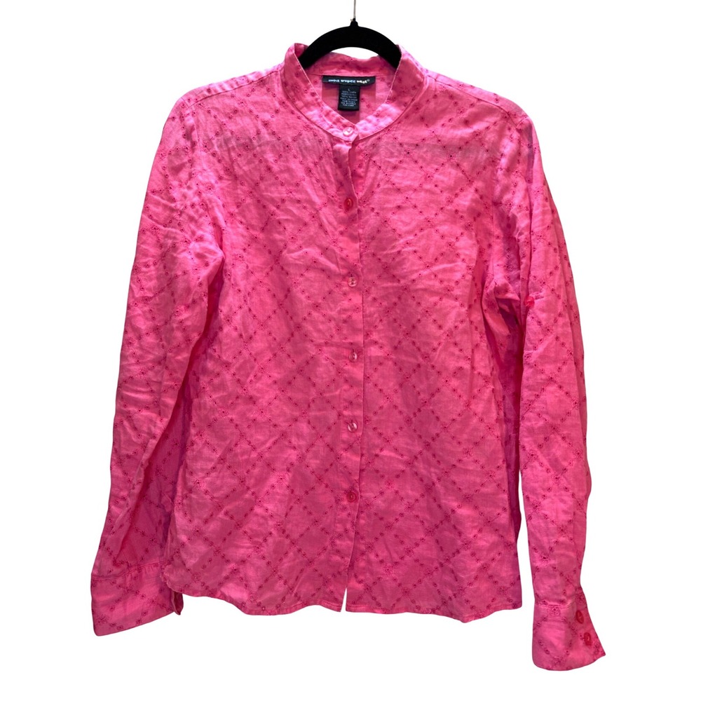 Saint Tropez West Linen Button Down Size L Pink Floral Eyelet Roll Tab Tropical